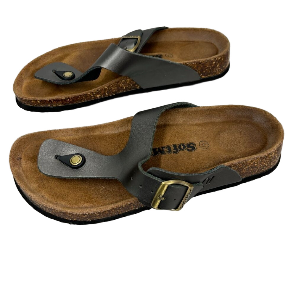 SoftMoc Flat Slip on Padded Footbed Pewter Leather Thong Sandal Buckle Size 11 - Picture 2 of 14
